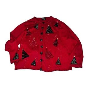 Red Holiday Cardigan with Tree Patterns Beads 3x Studio Fa La La